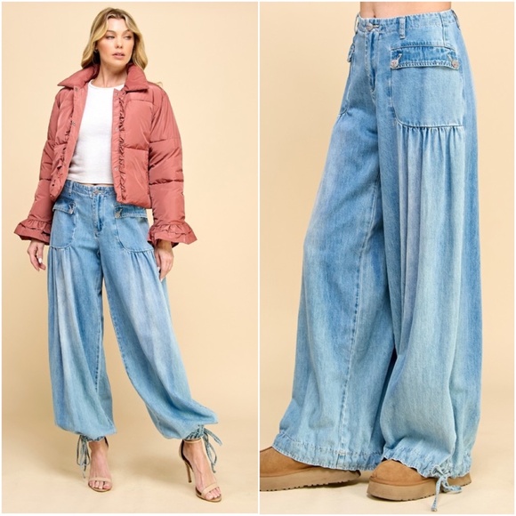 Dark Wash Pocket Wide Leg Ankle 2 way Wide leg Pants - Picture 5 of 8